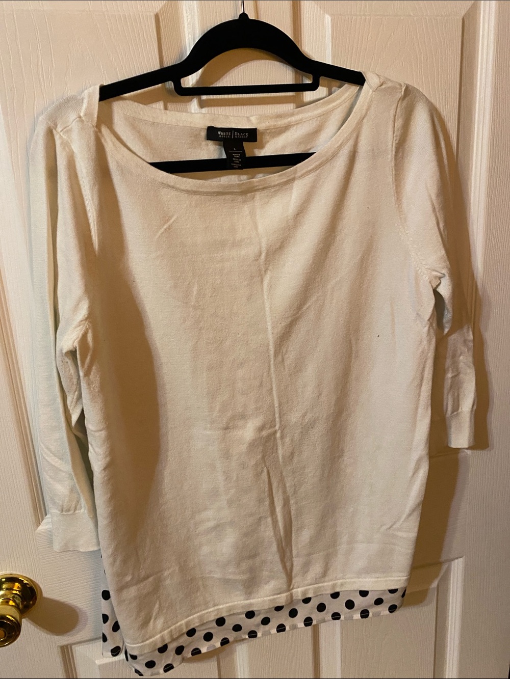 White House Black Market Cream Boatneck Top with Polka Dot Trim